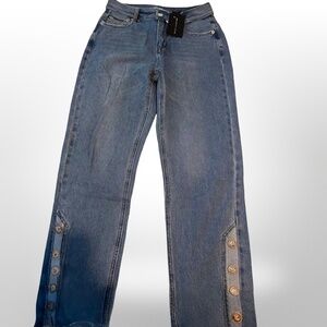 High-Rise Relaxed Straight Jeans With Gold Embellishments